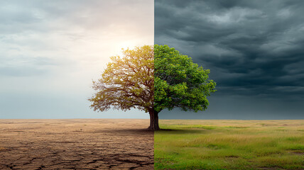 The clash of fire and green reflects global warming and climate change. Earth's ecology, global warming, dramatic environmental shifts, profound impact