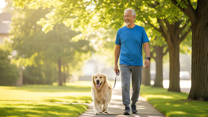 Smiling senior Asian man walking dog in sunny, tree-lined neighborhood