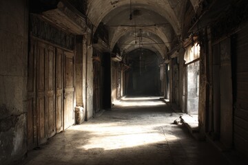 Obraz premium Weathered corridor in an abandoned marketplace, featuring scattered debris and shafts of light illuminating the dusty floor, evoking a sense of nostalgia and history