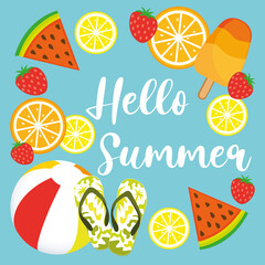 Hello Summer. Colorful hand drawn illustration with beach ball, ice cream, watermelon, strawberries, lemons and oranges.