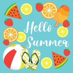 Hello Summer. Colorful hand drawn vector illustration with beach ball, ice cream, watermelon, strawberries, lemons and oranges.