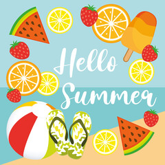 Hello Summer. Beach theme. Hand drawn illustration with beach ball, ice cream, watermelon, strawberries, lemons and oranges.