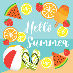 Hello Summer. Beach theme. Hand drawn vector illustration with beach ball, ice cream, watermelon, strawberries, lemons and oranges.