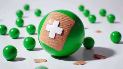 Bandage on green sphere conveys an abstract visual metaphor of healing and care