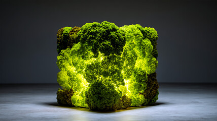 Glowing Moss Cube: A Surreal Fusion of Nature and Art in Light