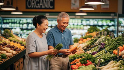 Smiling elderly Asian couple buying vegetables at an organic market together