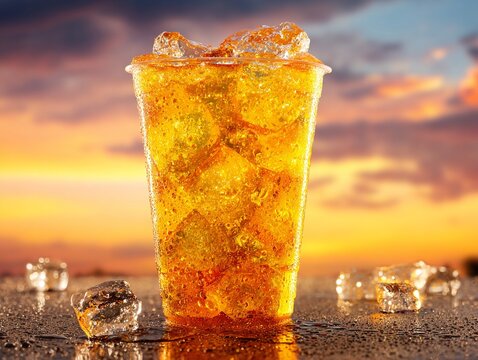 Filming a cool-looking golden iced tea and ice in a clear plastic cup against the sunset. Generative AI
