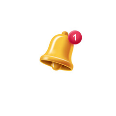 Golden bell icon with notification badge representing new alert isolated on black background
