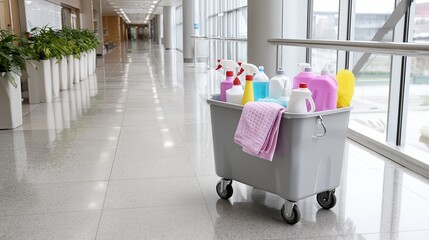 Cleaning supplies cart in a modern corridor with bright lighting and greenery
