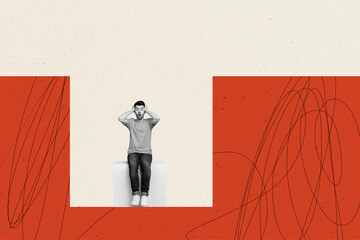 Poster art collage of person in down sit square fall over pastel red background