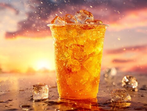 Filming a cool-looking golden iced tea and ice in a clear plastic cup against the sunset. Generative AI
