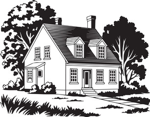 Vintage House Silhouette with Trees and Classic Countryside Cottage Scene