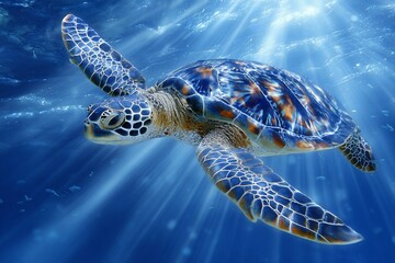At the Great Barrier Reef, a side view of a turtle swimming underwater is visible in the Coral Sea, specifically near Lady Elliot Island in Queensland, Australia