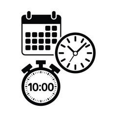 Fototapeta premium Minimalist productivity icons set with calendar and clock on isolated black and white background