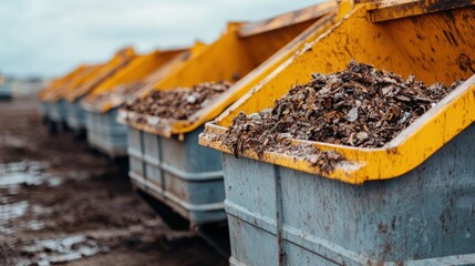 Several industrial waste bins are filled with organic materials, highlighting environmental concerns and the impact of waste management practices in modern industry and agriculture.