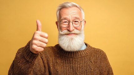 Happy Elderly Man with Beard Giving Thumbs Up on Yellow Background