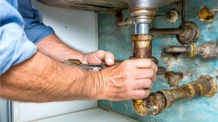 Hands of Plumber Repairing Sink Trap Under Kitchen Basin
