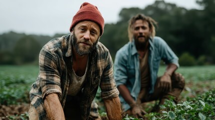 Obraz premium Two dedicated farmers are actively working together in a lush green field, highlighting themes of hard work, community, and connection to the land in a natural environment.