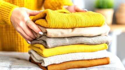 Neatly Stacked Warm Knitwear Sweaters in Cozy Home Setting