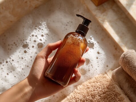 A photo of the hand and foam holding a brown clanger bottle. Generative AI
