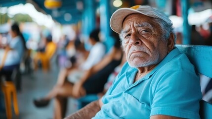An elderly man with a contemplative expression sits in a bustling urban environment, depicting the wisdom and stories carried through years of life experiences in his gaze.