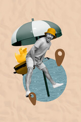 Trendy art creative vertical photo collage of happy guy jump suitcase summer weekend preparation...
