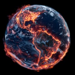 A dramatic image of the earth in flames symbolizes environmental concerns and climate change with a strong visual effect