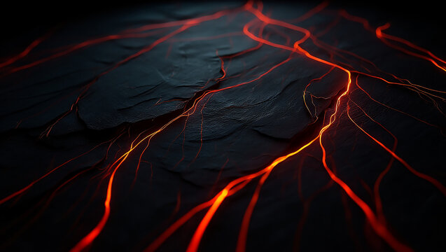 Abstract illustration of glowing red lava flowing through dark textured rock