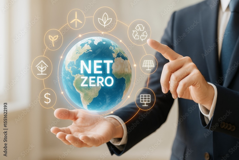 Poster businessman interacts with digital earth labeled net zero surrounded by energy and sustainability ic