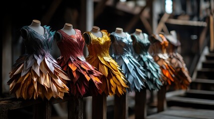 A striking collection of dresses resembling leaves showcases unique, colorful designs inspired by nature, highlighting creativity and craftsmanship in fashion.