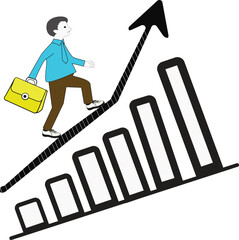 A man with a briefcase climbs a rising graph with an arrow pointing up