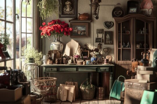 Vintage decor arrangement in a cozy shop with various trinkets and flowers on display