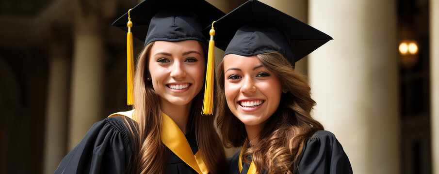 Graduation celebration with two smiling students wearing caps and gowns at a university campus