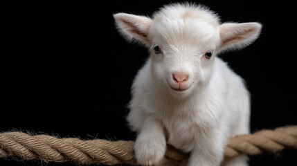 Obraz premium A fluffy goat kid on a rope against a black background