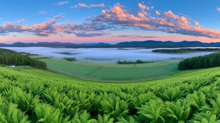 Fototapeta premium In the heart of Serene Valley, a picturesque vista emerges, complete with lush ferns, a mist-shrouded forest, and a dazzling blue sky above