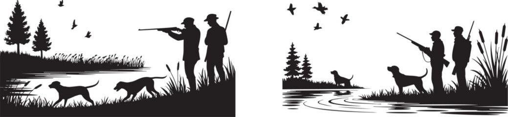 Hunting Scene Silhouette with Hunters Dogs Birds Trees and River Landscape