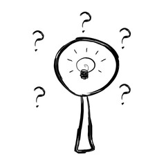 Light Bulb in a magnifying glass is surrounded by a question mark symbol.  the concept of looking for brilliant ideas