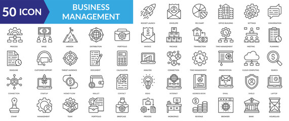 Business Management icon collection set. Containing Rocket Launch, Envelope, Pie Chart ,Office Building, Settings, Conversation, Process, Wage, Mission, Distribution icon