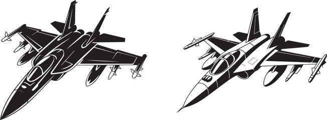 Fighter Jet Silhouette Set with Military Aircraft in Tactical Flight Pose