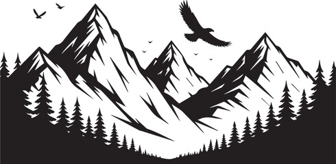 Mountain Landscape Silhouette with Forest Trees and Flying Birds Scene
