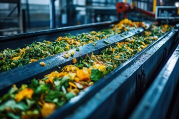 Conveyor belt carries food waste at a recycling facility, indoor shot. Use it for compost, sustainability, or waste management related concepts.