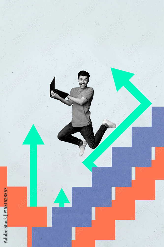 Aufkleber Poster template collage of person jump use netbook with arrows up puzzle pice on pastel color background