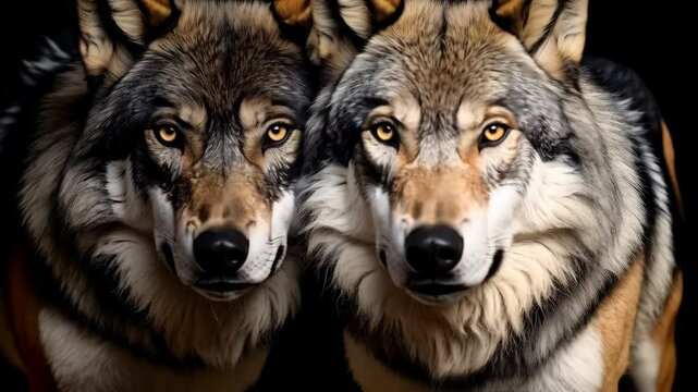 Two wolves looking directly at camera, portraits with focused intense gaze and fur details, naturalistic representation.