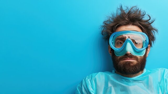 A humorous yet earnest portrait of a man with messy hair wearing a dive mask, conveying a sense of adventure and exploration with a quirky touch in a vibrant blue backdrop.