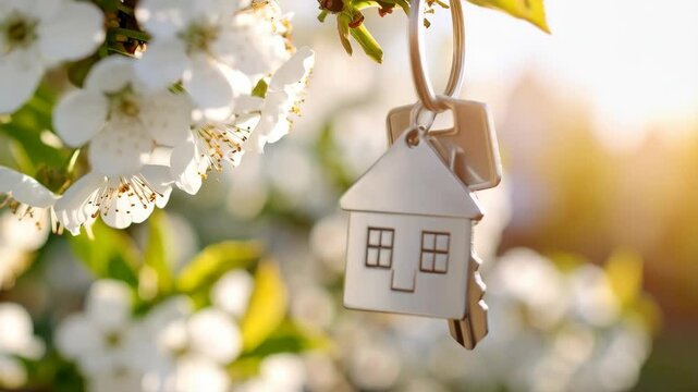 Metal house-shaped keychain with new keys hanging on a flowering branch in spring sunshine