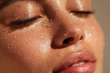 Close-up of clean female face with water droplets conveying hydration and freshness