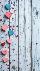 Colorful heart decorations scattered on a textured wooden surface for a celebration or event