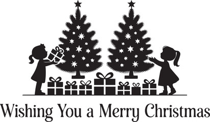 Christmas Silhouette Scene with Kids Gifts Trees and Holiday Greeting