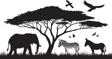 African Safari Silhouette with Elephant Zebra Tree Birds and Wildlife Scene