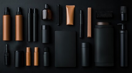 Obraz premium A stylish arrangement of makeup and hair products on a black background, highlighting their sleek designs and luxurious appeal for a modern beauty enthusiast.